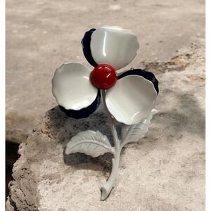 Vintage 60s Patriotic‎ Floral Red White Blue Enameled Pin 3.75" Long